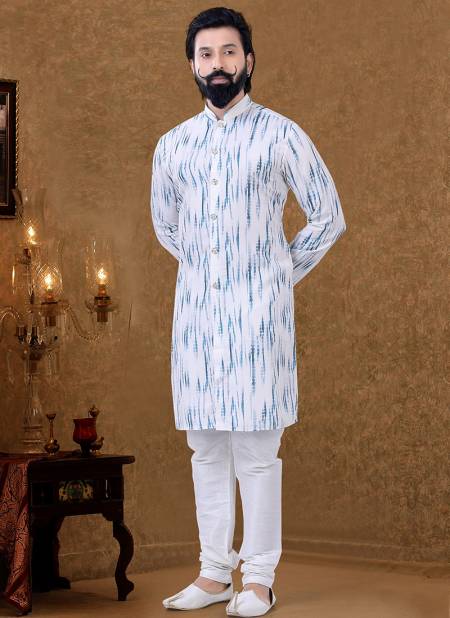 White Colour New Printed Ethnic Wear Cotton Mens Kurta Pajama Collection KS 1519